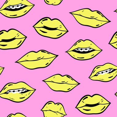 Beauty, makeup, cosmetic fashion seamless pattern. Vector red pink color doodle lips patches in pop art 80s-90s style. Woman's sexy emotions mouth. clipart