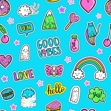 Vektör el çekilmiş moda pembe renkli yamalar: gökkuşağı, halka, dağ, kedi, hayalet, bulut, macaron, pasta, lolipop, kalp seamless modeli. Modern pop sanat plakası, yamalar PIN, 80s 90s stil rozet
