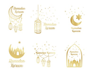 Ramazan Kareem tebrik kartı, afiş, poster, logo fener, hilal, ay ve yıldız elemanları ile. Vektör altın arka plan İslam tarzı