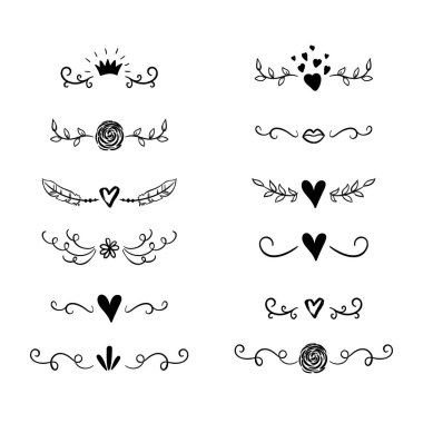 Yürekleri, Sevgililer günü ve düğün tebrik kartları, posterler için taç handdrawn kenarlıkları ayarlayın. Vektör simgesi.
