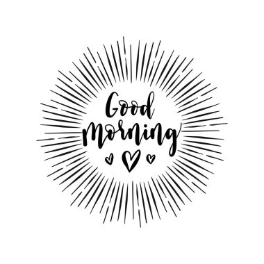 Günaydın callygraphy poster kanatlı, kalpleri. Vektör handdrawn kartı.