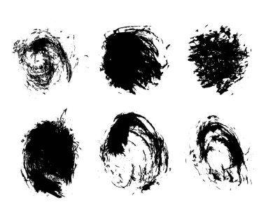 El çekilmiş soyut siyah boya fırça darbeleri, kutusu, yuvarlak, oval, daire, dikdörtgen, sınır. Vektör şekilleri, beyaz arka plan üzerinde izole kare kümesi.