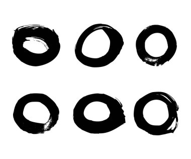 Elle çizilmiş soyut siyah boya fırçası yuvarlak, daire. Vektör şekilleri, beyaz arka plan üzerinde izole kare kümesi.