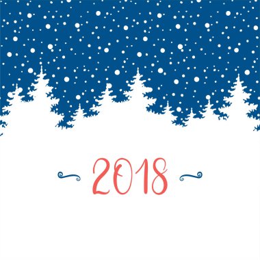 Mutlu yeni yıl 2018 tebrik kartı. Vektör kış tatil arka planlar ile yıldız patlaması, el yazı kaligrafi, kar taneleri, düşen kar, ağaçlar.