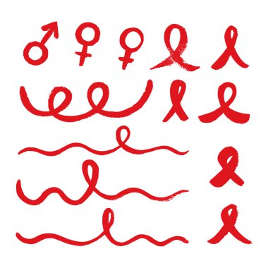 Dünya AIDS Günü işaretleri, öğeleri ayarlayın. AIDS konusunda vektör kavramı. Metin ile tasarım, çizilmiş kırmızı kurdele fırça darbeleri el.