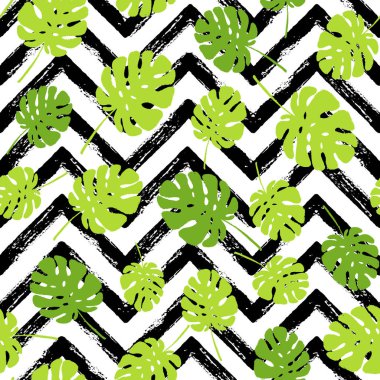 Tropikal Monstera ağaç seamless modeli Zigzag üzerinde yaprak yaz geometrik doku çizgili. Vektör grunge tasarım kartları, duvar kağıtları ve doğal ürün için. Yaz partisi grafik tasarım.