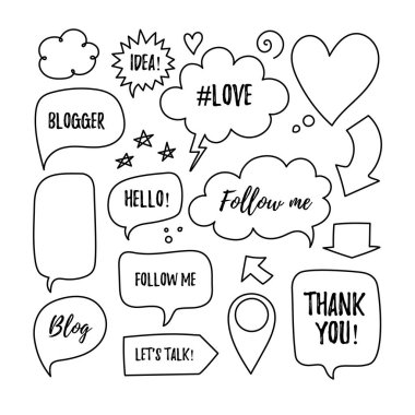 Vektör konuşma balonları ile ifadeler Blogger, Blog, aşk, beni takip et, fikir, Merhaba, sağlar'ın konuşma, teşekkür ederim. Elle çizilmiş blog etiketleri, Sosyal Medya Icons set.