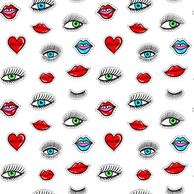 Elle çizilmiş moda yamaları gözleri, kırmızı dudak, kalp seamless modeli. Vektör güzellik illüstrasyon kart, giyim, arka plan için açık ve kapalı göz. Pop art çıkartma, patche, PIN, 80s 90s stil rozet