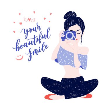 Genç kadın fotoğrafçı kanatları, taç, kalpler, kamera ile. Güzel genç kız siyah saç stili ile vektör Illustration. Güzellik logo, beyaz arka plan, poster, giysi Yazdır simgesini