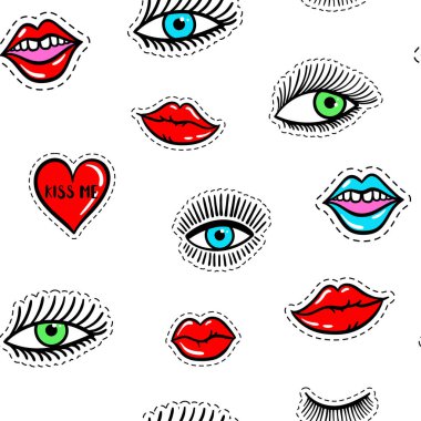 Elle çizilmiş moda yamaları gözleri, kırmızı dudak, kalp seamless modeli. Vektör güzellik illüstrasyon kart, giyim, arka plan için açık ve kapalı göz. Pop art çıkartma, patche, PIN, 80s 90s stil rozet