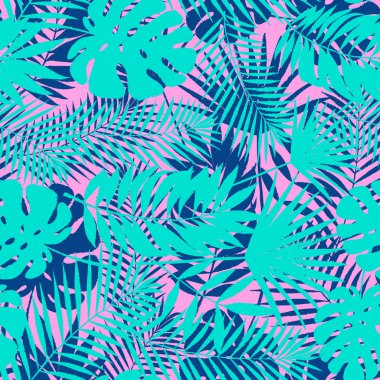 Yaz tropikal palmiye ağacı Dikişsiz desen bırakır. Vektör grunge tasarım kartları, web, arka planlar ve doğal ürün için. Monstera yaprak