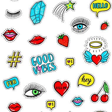 Vektör el çekilmiş seamless modeli moda eğlenceli ile yamalar: gözler, dudak, yıldız, çilek, kiraz, kristal, iyi vibes konuşma balonu. Pop art çıkartma, yamalar, iğne, rozetleri 80s 90s stili