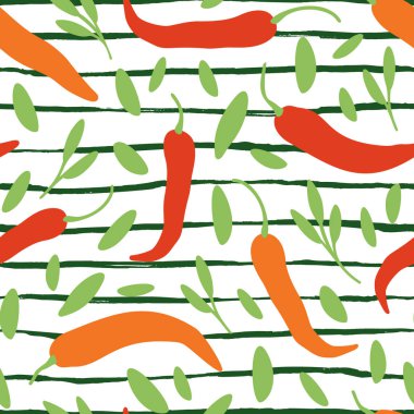 Vektör biber, kırmızı acı biber, herbes çizgili arka plan üzerinde. Meksika egzotik baharatlı seamless modeli. El çizimi gıda illüstrasyon, şal, kumaş, tekstil