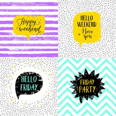 Cuma, merhaba mutlu hafta sonu, mutlu Cuma, bugün harika tebrik kartları, posterler olacak mı, yazdırır küme. Vektör el yazı alıntı şerit, konfeti arka plan üzerinde.
