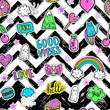 Vector hand drawn fashion pink color patches: rainbow, doughnut, mountain, cat, ghost, cloud, macaron, cake, lollipop, heart seamless pattern. Modern pop art sticker, patches pin, badge 80s-90s style clipart
