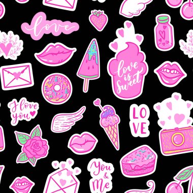 Vektör moda eğlenceli yamalar seamless modeli: seni seviyorum, smile, kanatlar, dondurma, kamera, şekerleme, dudak, şeker, kalp. Pop art pembe sopa için düğün, Sevgililer günü, aşk arka plan yazdırır.