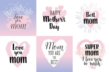 Mutlu anneler'ın günü, seni o kadar çok tebrik kartları, posterler ile Rose kuvars ve huzur degrade doku ile ayarla seviyorum, mürekkep el çekilmiş lekeleri, kalpleri. Vektör arka plan el yazı ile.  