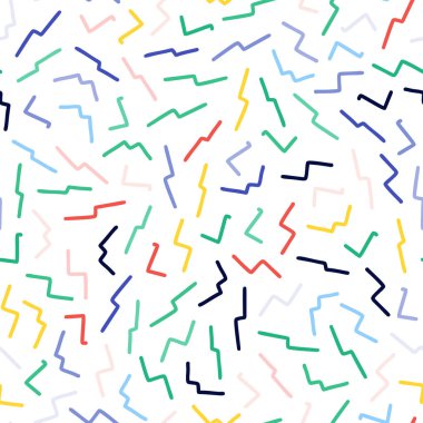 El çekilmiş renkli soyut konfeti seamless modeli. Pop sanat moda Festivali arka plan memphis tarzı.