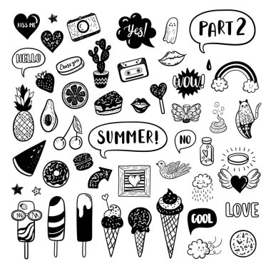 Vektör elle çizilmiş yaz modası doodles: dondurma, kaktüs, karpuz, kamera, gökkuşağı, kedi, bulut, dudak, kalp, konuşma balonu. Pop art çıkartma, yamalar, pin, modern kümesi rozetleri 80s 90s tarzında