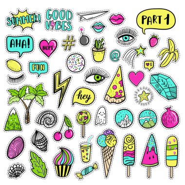 Vektör elle çizilmiş yaz modası yamalar: gözleri, dondurma, kristal, palm, pizza, muz, hayalet, dudak, kalp, yıldız, konuşma balonu. Pop art çıkartma, yamalar, pin, modern kümesi rozetleri 80s 90s tarzında