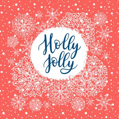 Holly Jolly tebrik. El yazı hat, kar taneleri, düşen kar, Dikişsiz desen ile vektör kış tatil arka plan.
