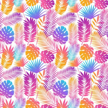 Yaz tropikal palmiye ağacı Dikişsiz desen bırakır. Vektör grunge tasarım kartları, web, arka planlar ve doğal ürün için. Renkli Fasion vardır illüstrasyon