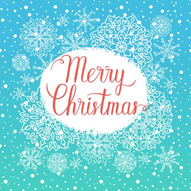 Neşeli Noel tebrik kartı. Yazı, kar taneleri, kar düşen el ile vektör kış tatil arka plan.