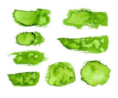 Organik ürün, ekoloji, doğa tasarım için çizilmiş lekeleri ver. Vektör yeşil suluboya biyo, eko etiket ve beyaz arka plan üzerinde şekil.