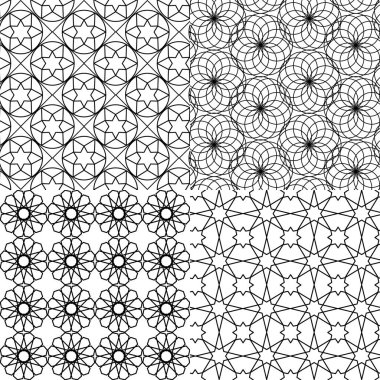 Ramazan Kareem siyah ve beyaz tebrik kartı, afiş, Dikişsiz desen küme. Vektör süslü geometrik parlayan arka plan İslam tarzı