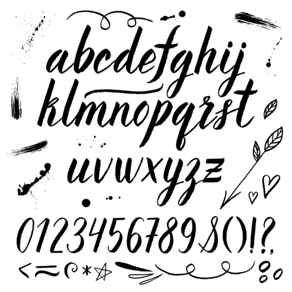 Alphabet Vectoriel Aquarelle Avec Chiffres Ampères Flèches Coeurs Feuilles Fonte — Image vectorielle