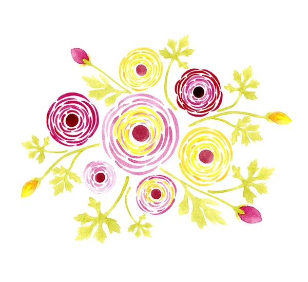手描き水彩のラナンキュラスの花の花束 — ストックベクタ