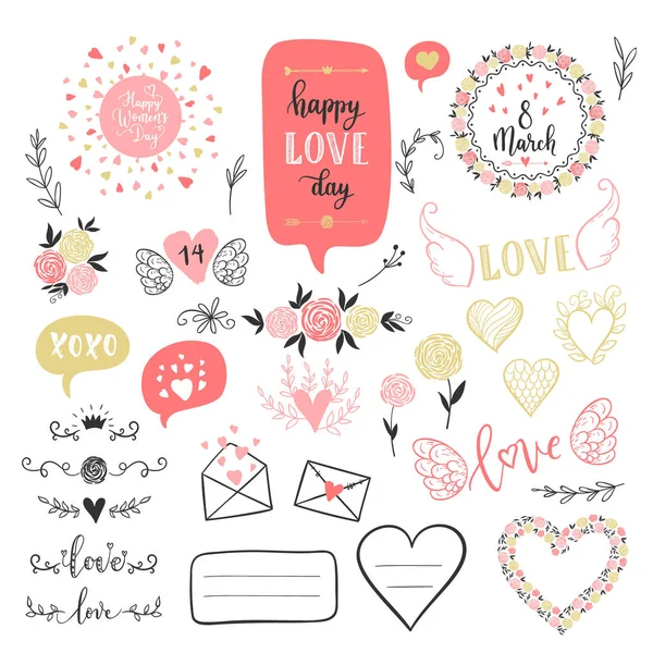 Vector Hand Drawn Fashion Love Elements Happy Valentines Day Labels — Stock Vector