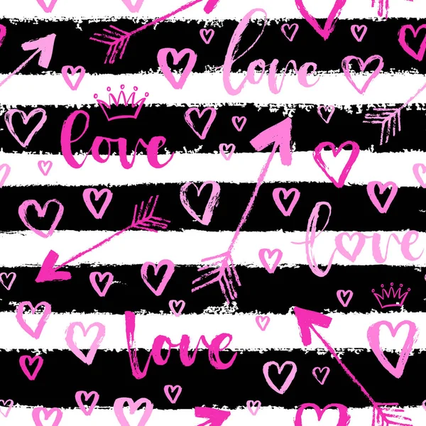 Vector Fashion Seamless Pattern Hearts Happy Valentines Day Doodle Style — Stock Vector