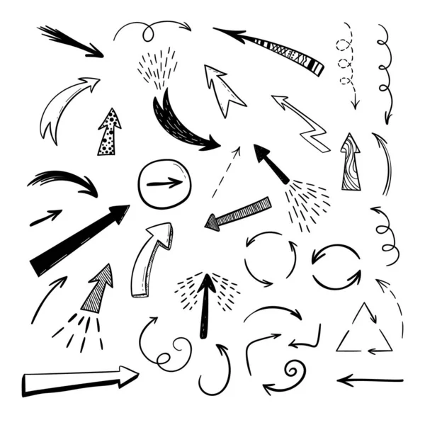 Setas Desenhadas Mão Sobre Fundo Branco Conjunto Ícones Doodle Vetorial — Vetor de Stock