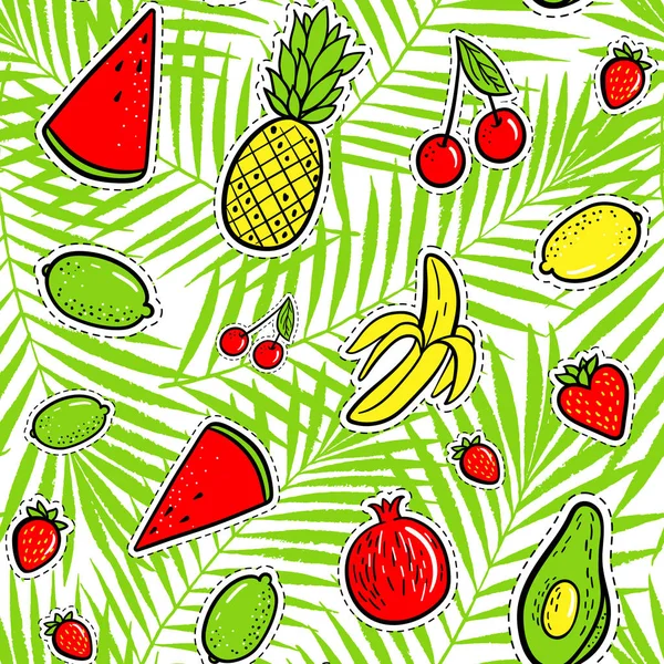 Moda Desenhada Mão Remendos Frutas Tropicais Limão Abacate Abacaxi Banana —  Vetores de Stock
