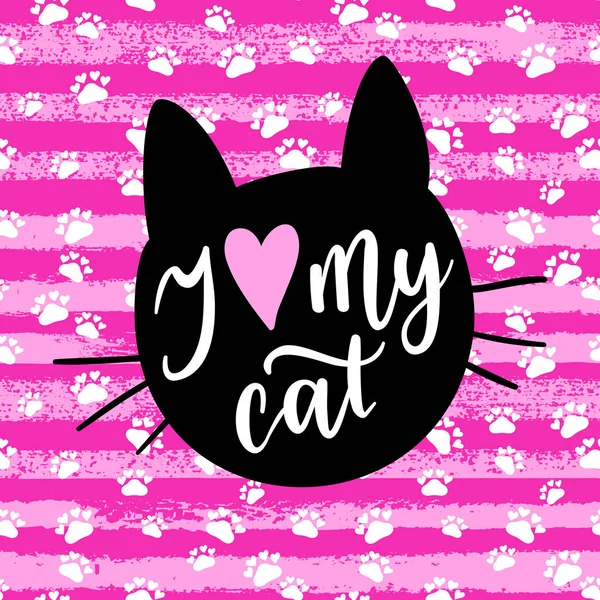 Benim kedi moda grafik yazdırma, tebrik kartı seviyorum. Vektör el yazı arka plan.