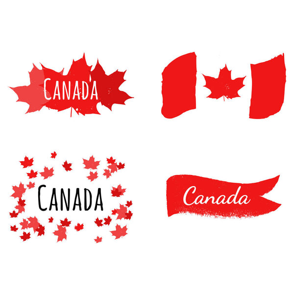 Flag of Canada on grunge style with red maple leaves. Labels set