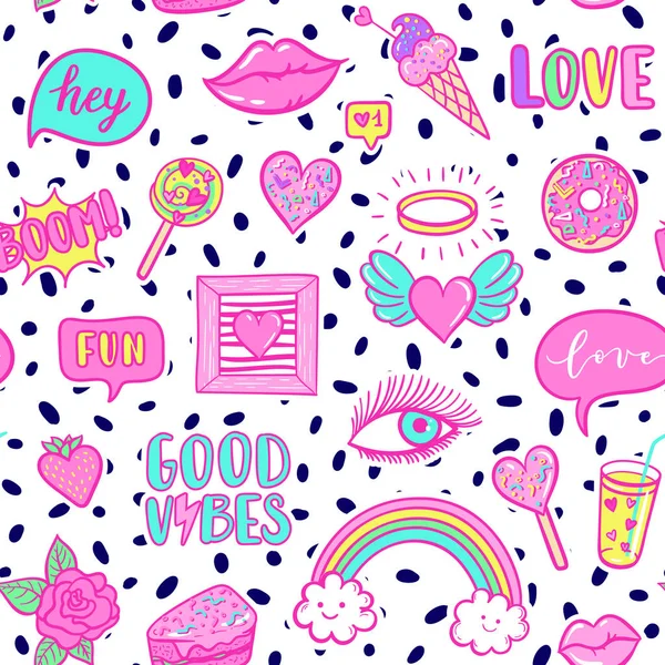 Vector Fashion Fun Patches Seamless Pattern Rainbow Cloud Doughnut Lip — Stock Vector