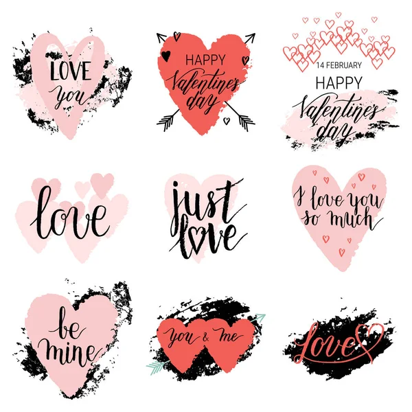  Sevgililer günün kutlu olsun seni seviyorum çok, sadece seviyorum, benim tebrik kartları, ol poster seti mürekkep ile el çekilmiş leke, kalpleri. Vektör arka plan el yazı ile.