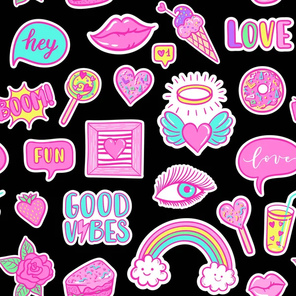 矢量时尚有趣补丁无缝模式 甜甜圈 好的氛围 流行艺术粉红色贴纸为婚礼 情人节 爱打印背景 — 图库矢量图片