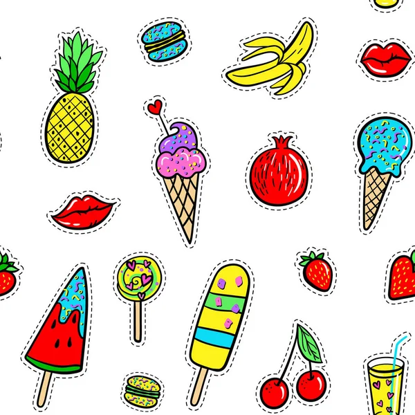 Vector Hand Drawn Seamless Pattern Fashion Patches Ice Cream Macaroons — Stock Vector