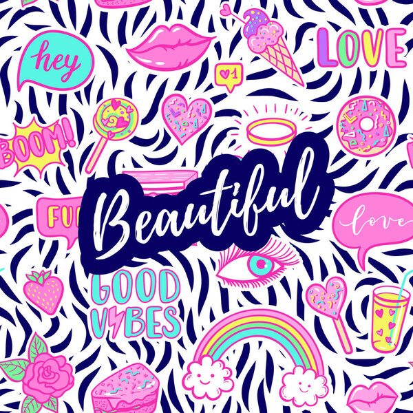 Красивая открытка, модный плакат. Ручной рисунок моды розового цвета пятна: радуга, пончик, кот, макарон, торт, леденец плавный узор. Векторный поп-арт, патчи в стиле 80-90-х
.