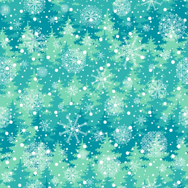 冬季假期无缝模式与树木 向量下落的雪在绿色背景为圣诞卡 — 图库矢量图片