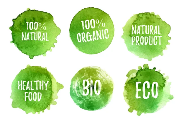 Wektor Naturalnych Żywności Ekologicznej Bio Eco Etykiet Kształty Białym Tle — Wektor stockowy