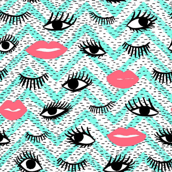 Hand drawn eye, pink lips doodles seamless pattern in retro style. Vector beauty illustration of open and close eyes for cards, textiles, wallpapers, backgrounds.