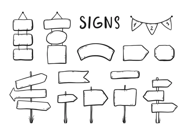Houten Signages Verkeerstekens Richting Signs Vlaggen Pijlen Doodle Pictogrammen Instellen — Stockvector
