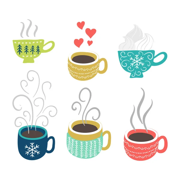 Horký Čaj Káva Poháry Sada Vektor Zimní Svátky Prvky — Stockový vektor
