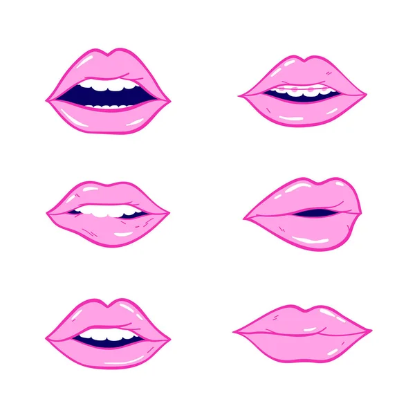 美容时尚元素 矢量粉红色涂鸦嘴唇补丁流行艺术80S 90S 女人的性感情感嘴 — 图库矢量图片