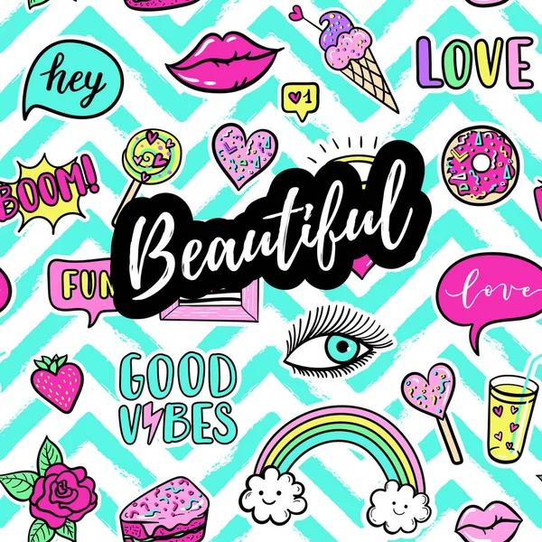 Beautiful Fashion Poster Hand Drawn Fashion Pink Color Patches Rainbow — Stock Vector