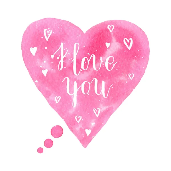 Kocham Cię Życzeniami Plakat Różowy Akwarela Dymek Ręka Serce Tło — Wektor stockowy